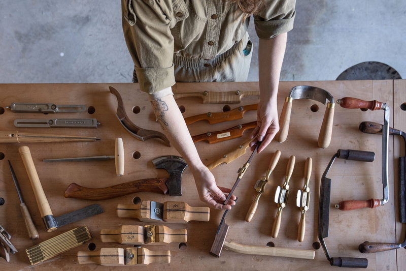 a chair with hand tools